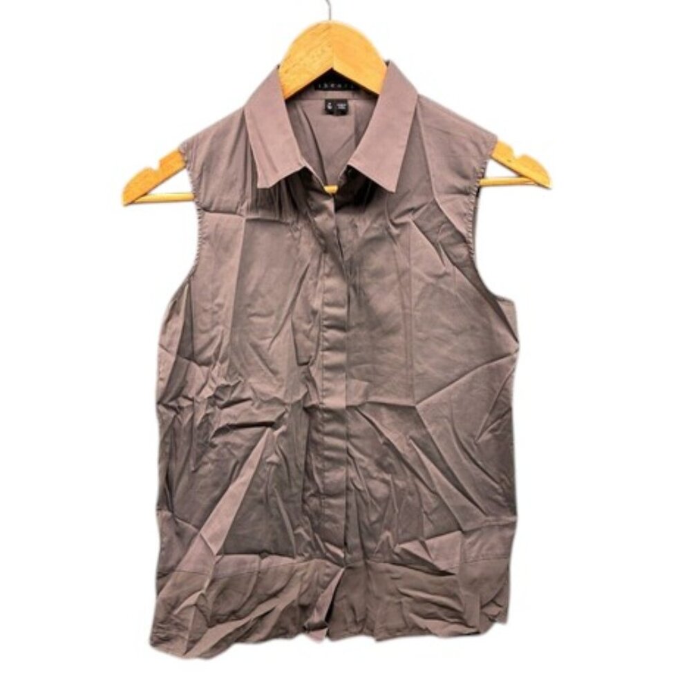 Theory Sleeveless Button Down‎ Shirt Women’s Size P Taupe Collared Stretch Silk
